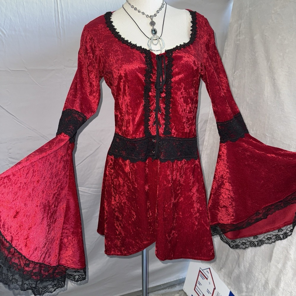 Lip Service Red Velvet Gothic Midi Dress with Black Lace Trim
